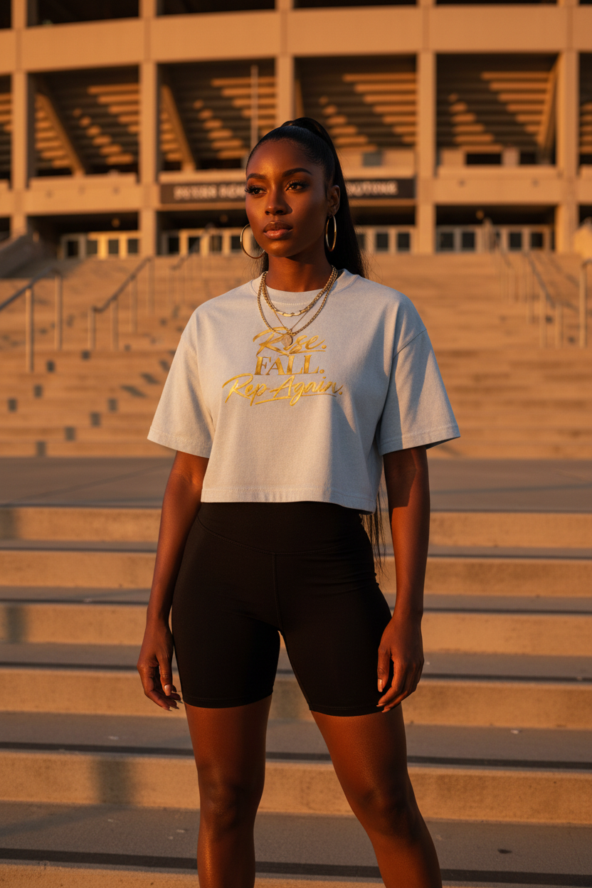Rep. Fall. Rise Again. Crop Tee — Lifestyle Shot
