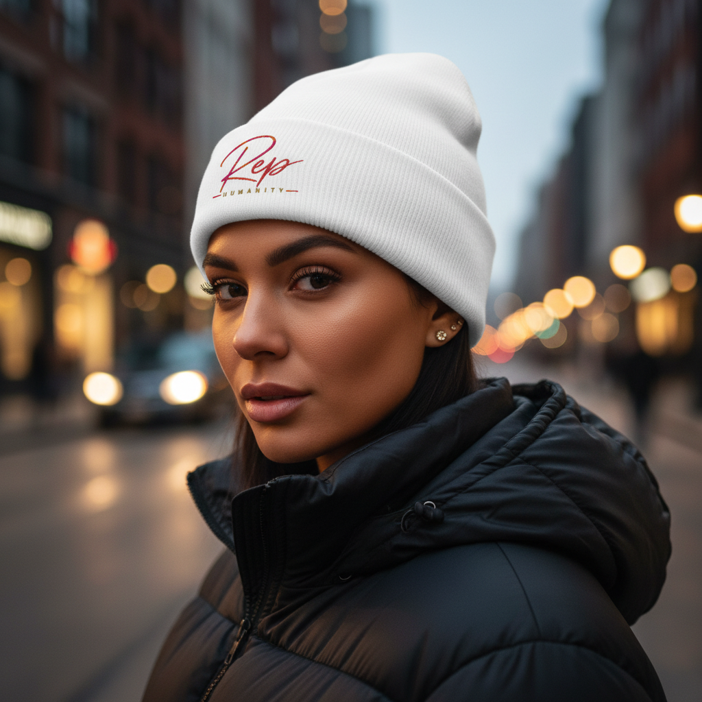 Rep Humanity Beanie — Close-Up Lifestyle Shot
