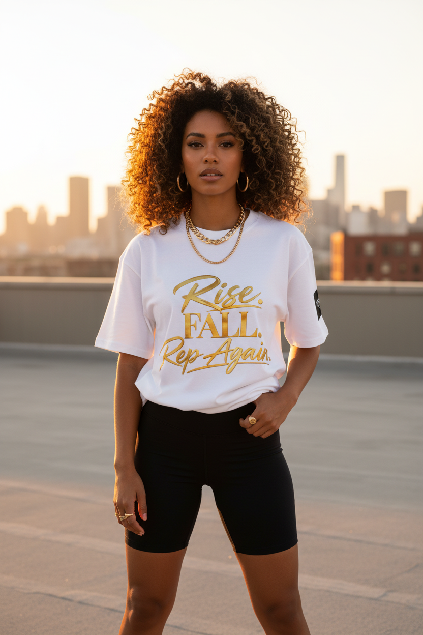 Rise. Fall. Rep Again. Tee — Female Lifestyle Shot
