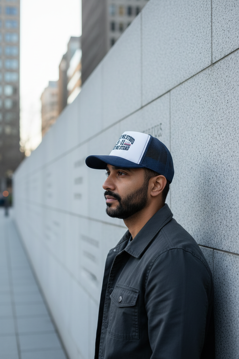 Side-profile memorial cap lifestyle image beside a stone memorial wall