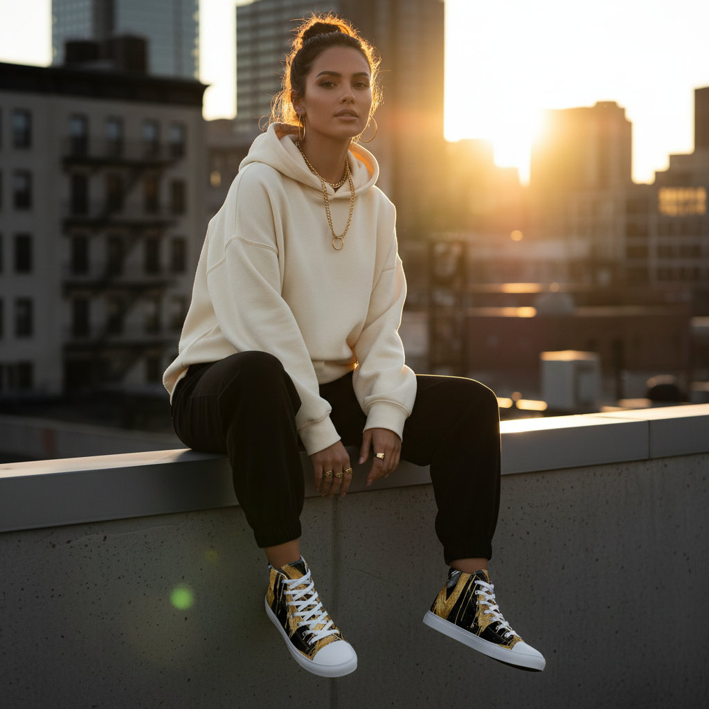 UNSAYD High Top Gold Drip Sneakers — Lifestyle Shot