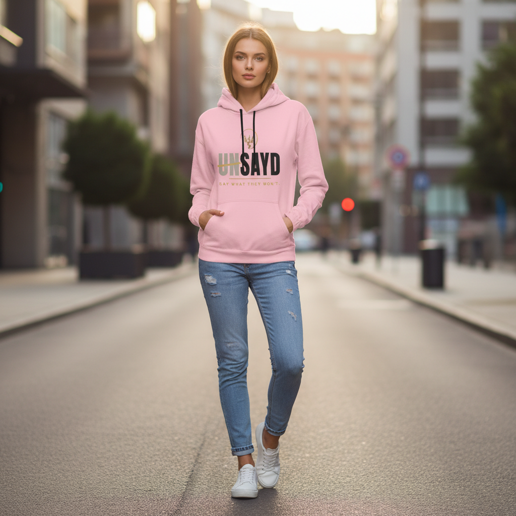 UNSAYD pink hoodie lifestyle image