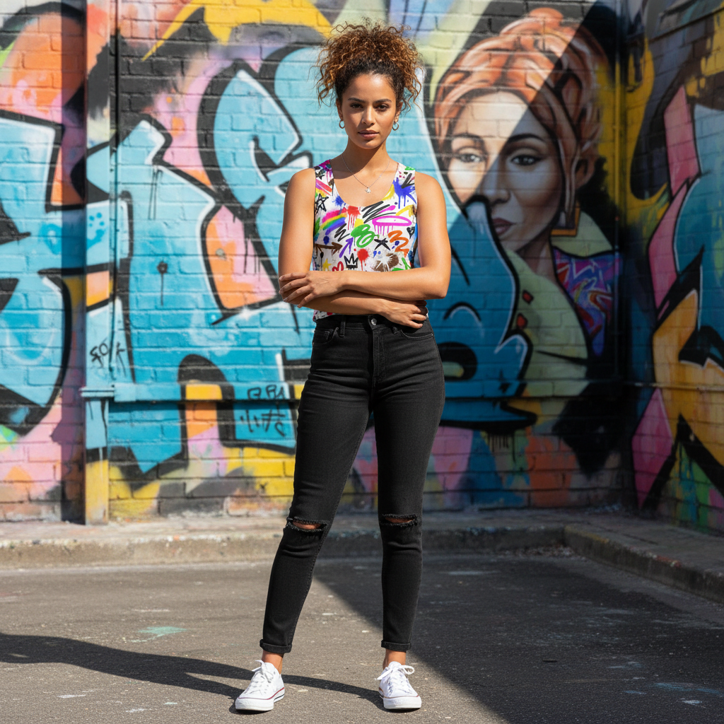 Woman wearing colorful graffiti-print crop top in an arts district